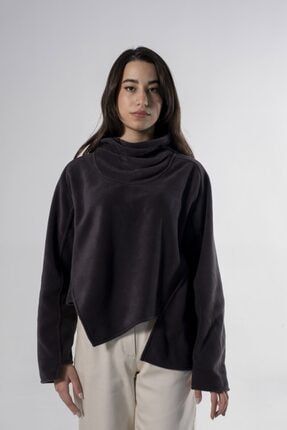 Antrasit Kadın Dik Yaka Polar Oversize Sweatshirt w1005