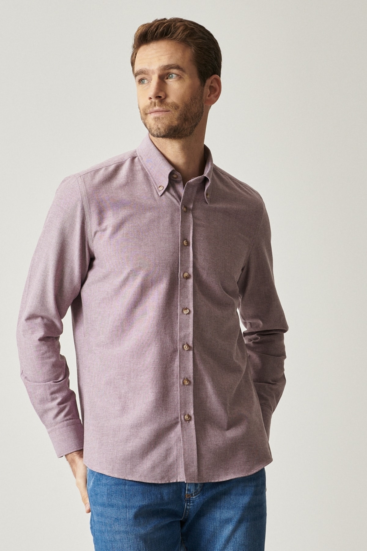 Erkek Bordo Düğmeli Yaka Tailored Slim Fit Oxford Gömlek