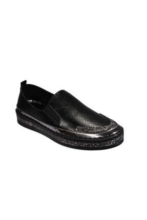 Yazkış Kadın Siyah Taşlı Düz Kalın Taban Yazlık Babet Ayakkabı YKA709243-1