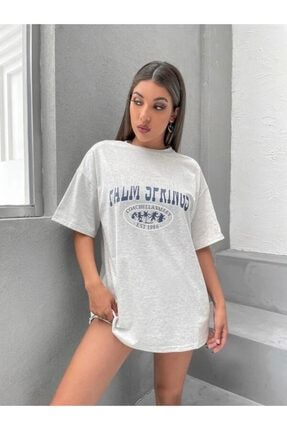 Kadın Gri Oversize Lacivert Palm Springs Baskılı T-shirt AFRO-PLMSPRİNG-TSHİRT