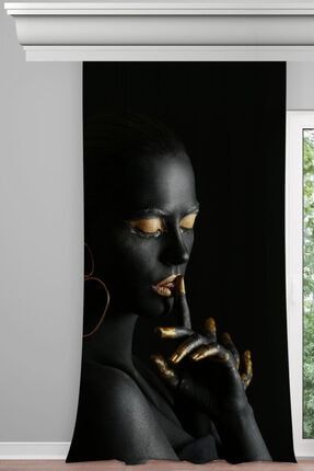 Siyahi Gold Makyajlı Kadın Desenli Dekoratif (tek Kanat ) Fon Perde FON1835