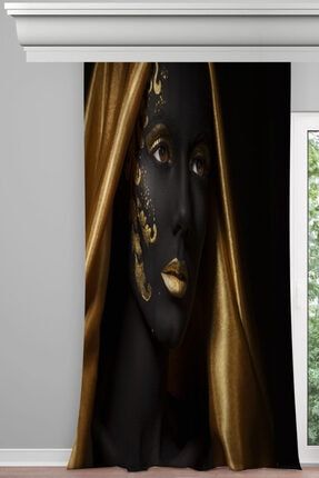Gold Dövmeli Siyahi Kadın Desenli Dekoratif (tek Kanat ) Fon Perde FON1887