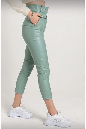 Kadın Kemer Detaylı Mint Deri Pantolon KT047