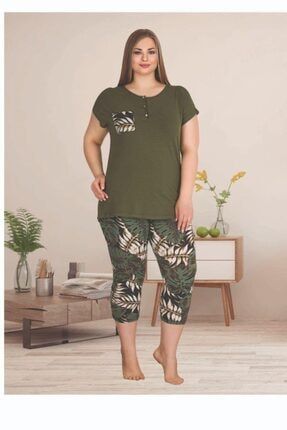 Kadın Büyük Beden Yaprak Desenli Kapri Yeşil Pijama Takımı TARZ7236