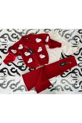 Kız Çocuk Kuzu Nakışlı Kırmızı Triko Hırka Uzun Kollu Beyaz Badi Triko Pantolon 3'lü Takım 0720