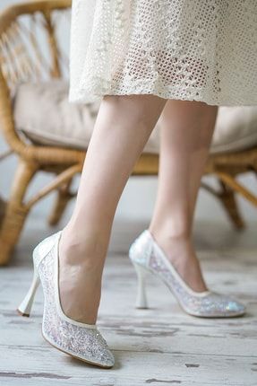 Kadın Sedef Beyaz Topuklu Sindirella Abiye Ayakkabı dml35205