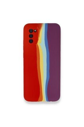 Samsung Galaxy A02s Tam Silinebilir Sıvı Silikon Rainbow Desenli Içi Kadife Silikon Kılıf EBRU02