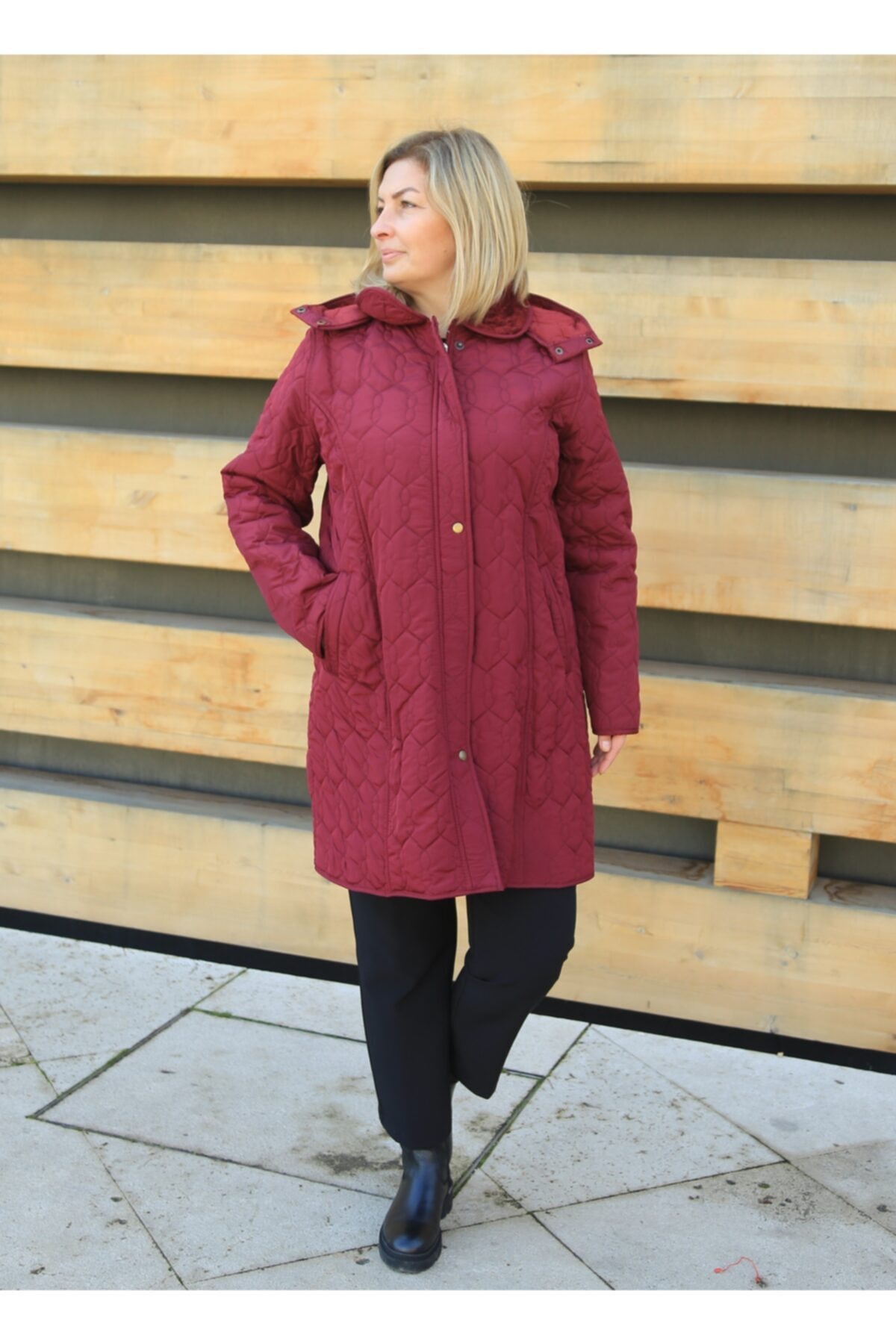 GLR&GYM Riva Kapüşonlu Kapitone Kışlık Bordo Büyük Beden Kadın Mont