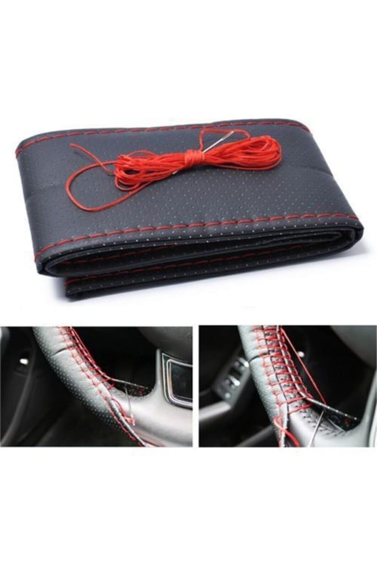 Genel Markalar Hyundai Accent Admire 2002-2006 Kırmızı Dikişli Deri Dikme Direksiyon Kılıfı Yastık Hediyeli