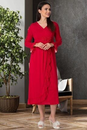 Kadın Kırmızı Dantelli Pamuklu Penye Lohusa Hamile Uzun Gecelik Lmct5522k LMCT5522