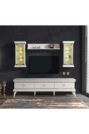 Vigo Beyaz Tv Ünitesi, Duvar Raflı, Dolaplı, Çekmeceli, Gold Şeritli DKEUTUVIGO