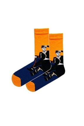 Sanatsal Charlie Chaplin Desenli Pamuk Lacivert Sarı Renkli Unisex Çorap AGS-ÇRP-SNT