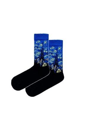 Van Gogh Yıldızlı Gece Tablo Desenli Siyah Mavi Renkli Pamuk Unisex Çorap AGS-ÇRP-SNT