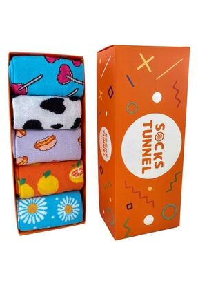 Unisex 5'li Inek Şeker Papatya Karma Desenli Renkli Çorap Set 5002-36-44