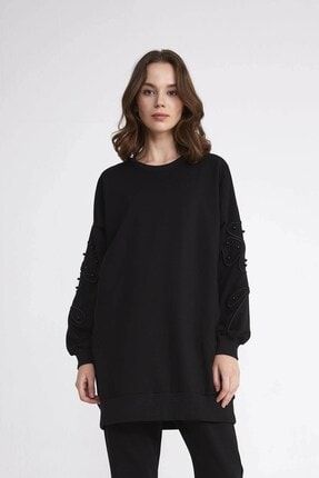 Kadın Siyah Eva Nakış Detaylı Oversize Sweatshirt HSM-01-Sİ