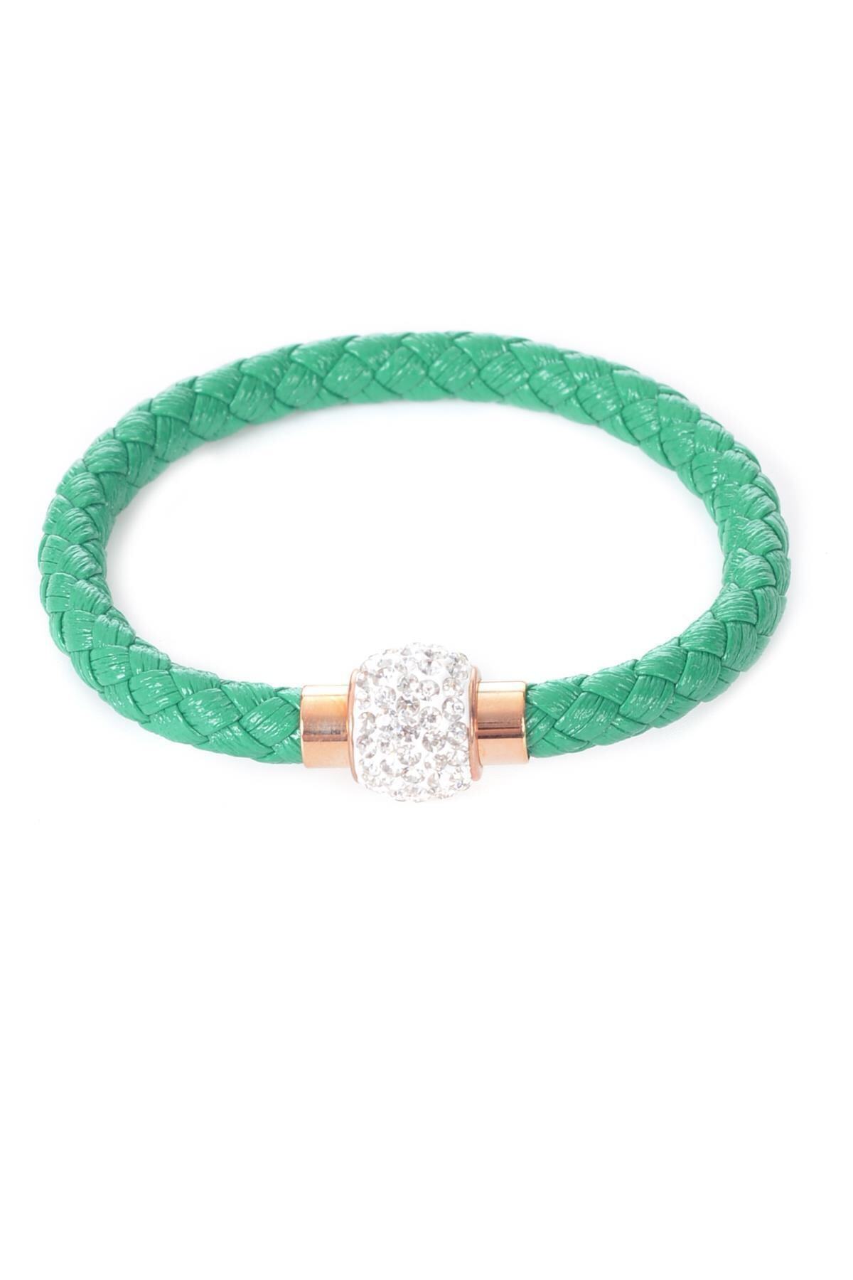 LABALABA-Green Colored Stone Detailed Women's Bracelet - Steel Closure and Knit Woven 2