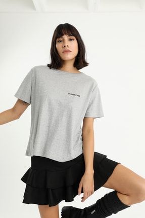 Kadın Gri Inspire Me Baskılı Kısa Kollu Basic T-shirt BLZ-00300