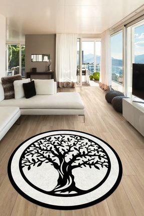 Siyah-Beyaz Hayat Ağacı Desenli Yuvarlak Halı (Makinada Yıkanabilir Kaymaz Dot Taban) - CP559 esta0200