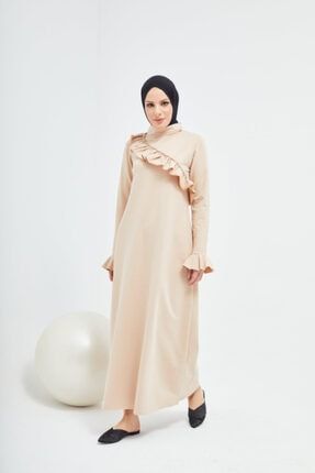Kadın Bej Volanlı Elbise 20501