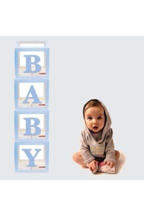 Baby Yazılı Mavi Şeffaf Karton Kutu+50 Adet Makaron Balon Set pf96şffm