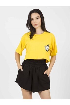 Kadın Sarı Kısa Shadow Panda T-shirt GTH136