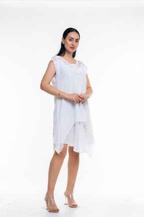 Kadın Beyaz Dantel Yaka Askılı Uzun İtalyan Elbise MS0035