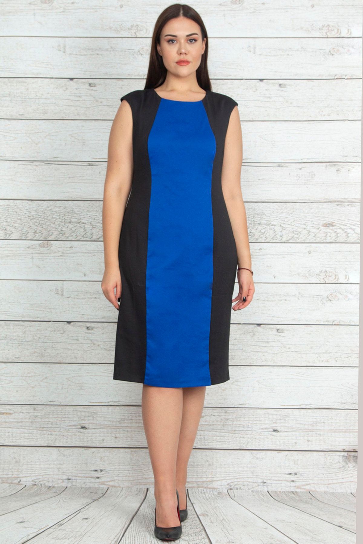 Şans-Women's Large Size Saks Color Combination Cup Detailed Dress 65n20235 4