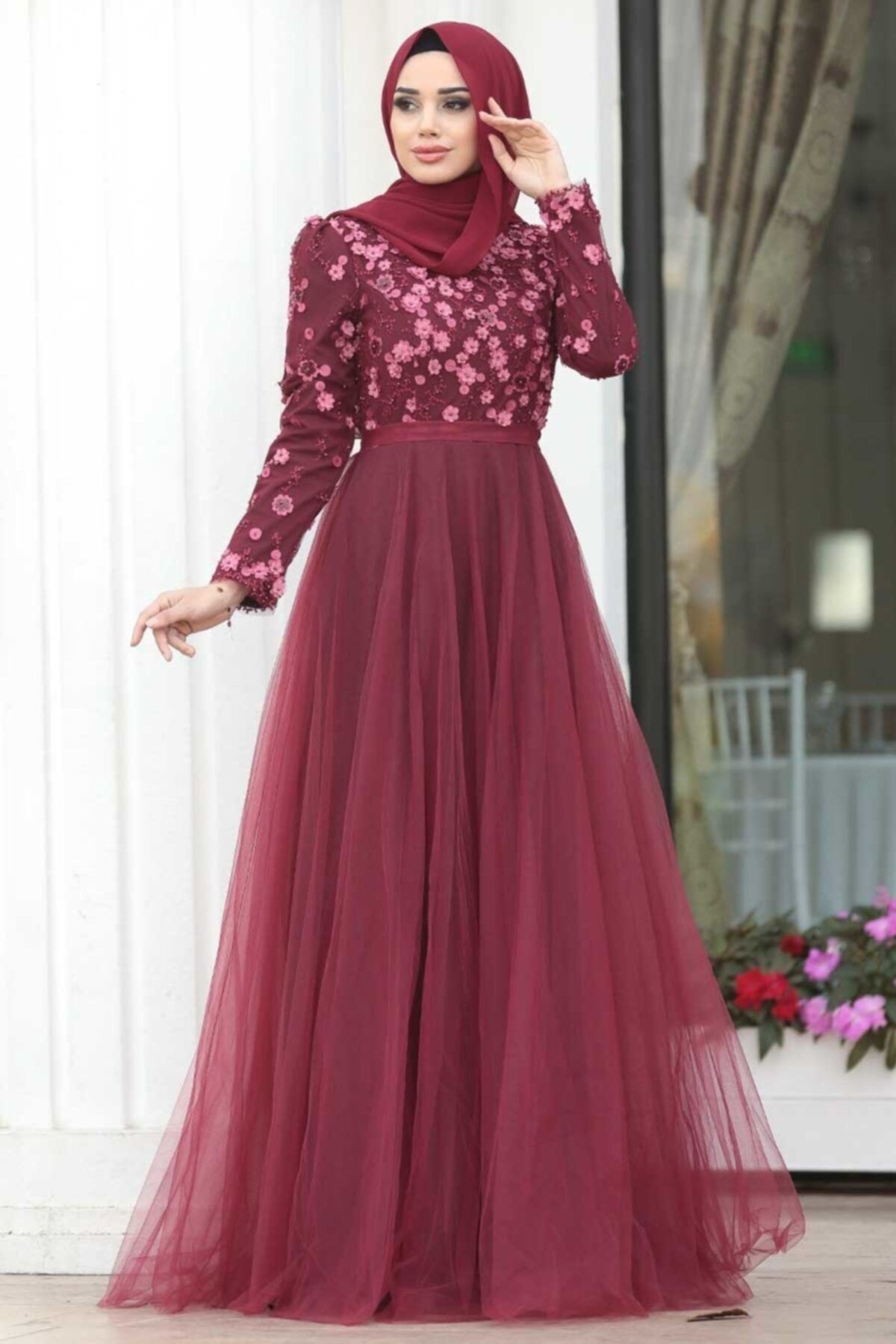 Neva Style Kadın Bordo Tesettürlü Abiye Elbise - Prenses Model Tesettür Abiye Elbise 184802br NHR-184802|00009_Bordo