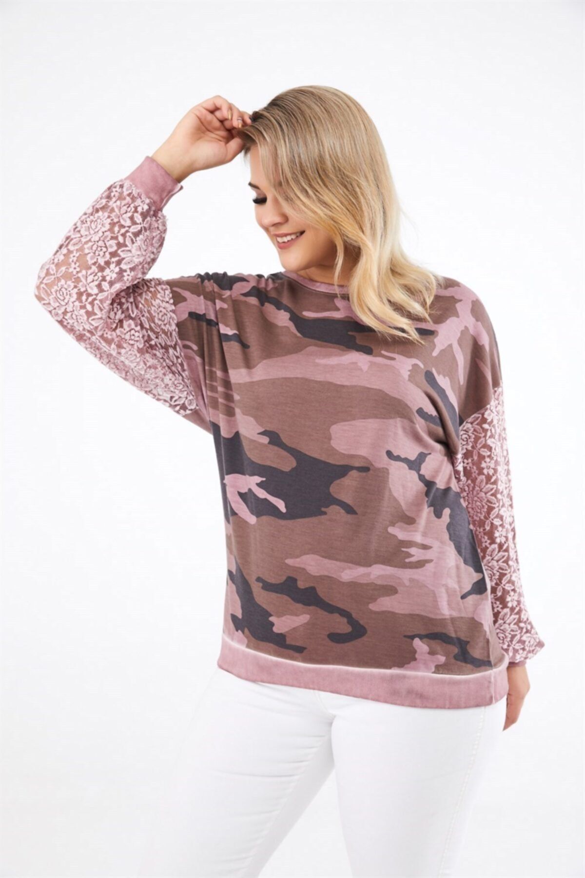 Seamoda Women s Pink Camouflage Pattern Lace Sleeve Plus Size