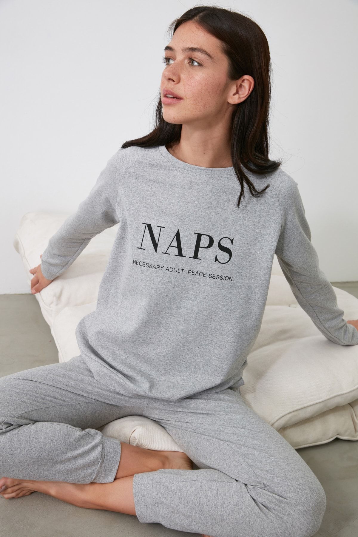 Trendyol Collection-Set pijama tricotată cu slogan antracit THMAW21PT0497 19