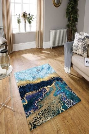 Woolly Home Collection Mavi Gold Kup Desenli Hali Modeli Yikanabilir Kaymaz Deri Taban W126 Fiyati Yorumlari Trendyol