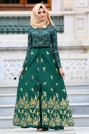 Nayla Collection - Jakarlı Yeşil Tesettür Abiye Elbise 82444y MGR-82444|00006_Yeşil