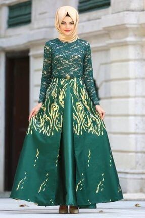 Nayla Collection - Desenli Jakarlı Yeşil Tesettür Abiye Elbise 82442y MGR-82442|00006_Yeşil