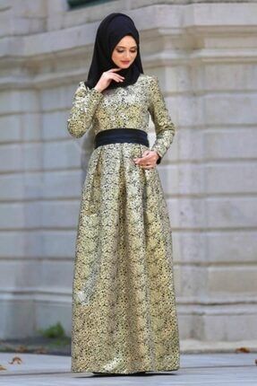 Tesettürlü Abiye Elbise - Desenli Siyah Jakarlı Tesettür Abiye Elbise 82452s MGR-82452|00001_Siyah