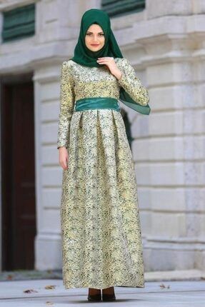 Tesettürlü Abiye Elbise - Desenli Yeşil Jakarlı Tesettür Abiye Elbise 82452y MGR-82452|00006_Yeşil