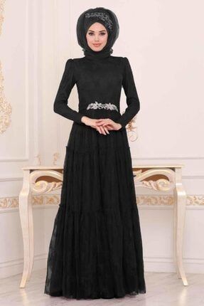 Tesettürlü Abiye Elbise - Boncuk Detaylı Siyah Tesettür Abiye Elbise 39560s HN-39560|00001_Siyah