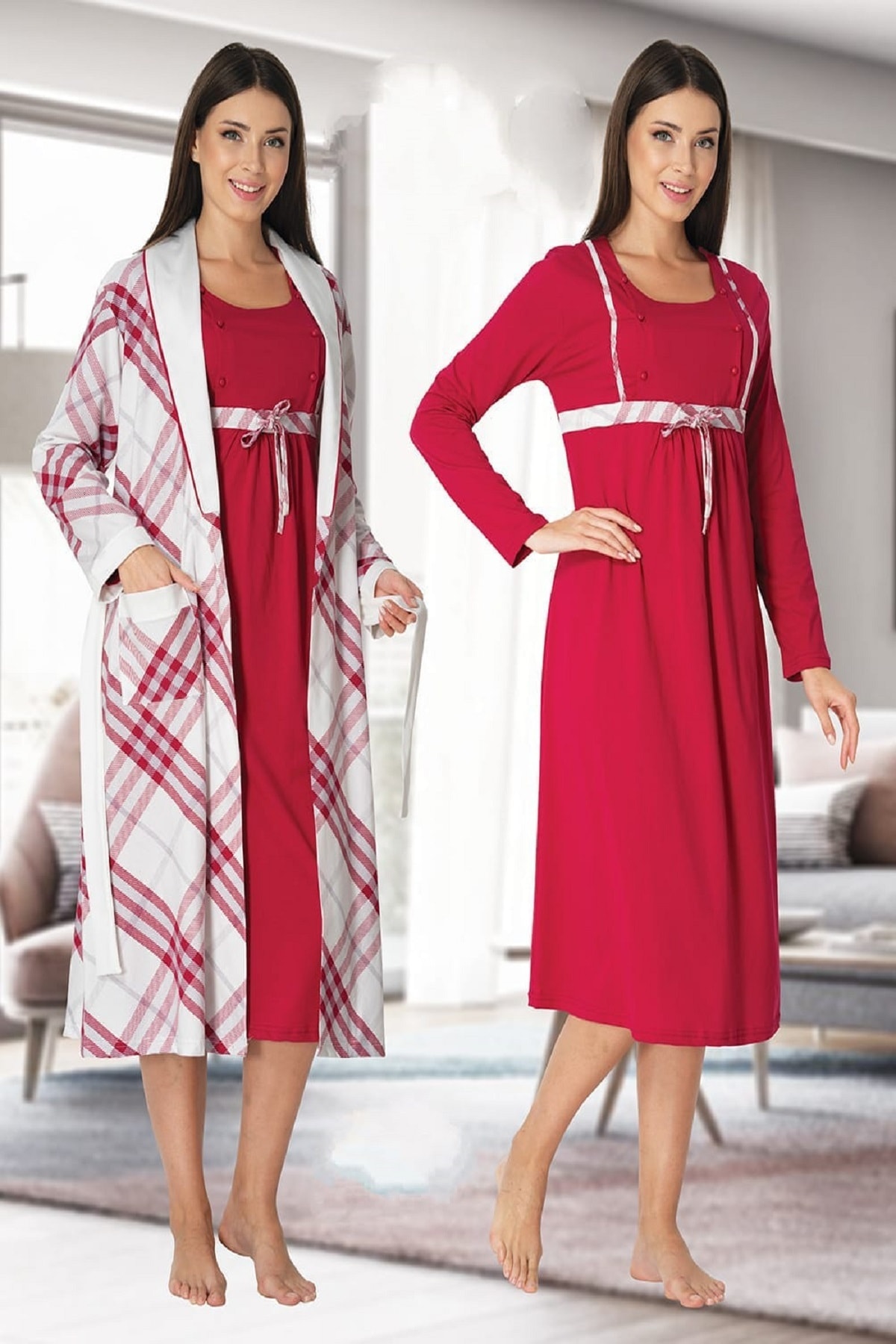 Genel Markalar Vişne Uzun Kollu Ekose Hamile Lohusa Gecelik Sabahlık Takım