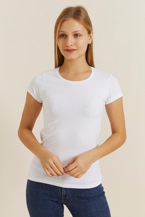 Kadın Beyaz Bisiklet Yaka Likralı T-shirt 19061