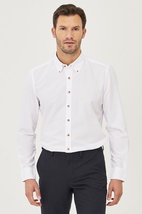 Erkek Beyaz Düğmeli Yaka Tailored Slim Fit Oxford Gömlek 4A2000000050