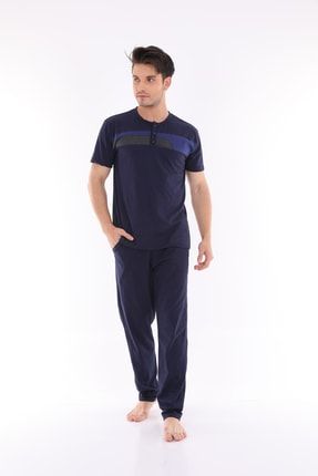 Erkek Kısa Kollu %100 Pamuklu Uzun Pantolon Pijama Takımı PAP-011