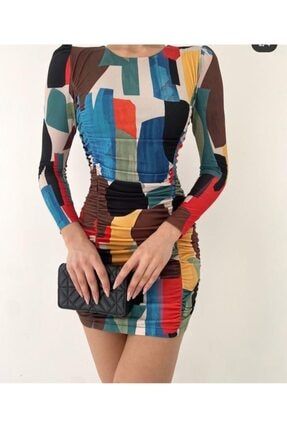 Gipeli Geometrik Desenli Mini Elbise T0212