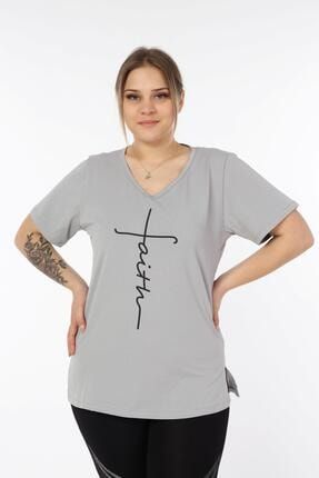 Kadın Büyük Gri Beden Faith Baskılı T-shirt TARZ6931
