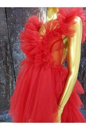 Kırmızı Fırfırlı Detaylı Kuyruklu Tül Gece Kıyafeti - Parti Kıyafeti NSM046