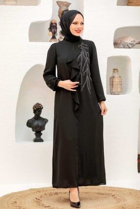 Tesettürlü Abiye Elbise - Fırfır Detaylı Siyah Tesettür Abiye Elbise 12951s AF-12951