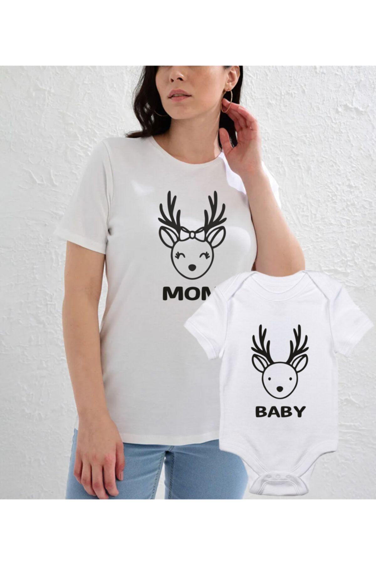Geyik Suratlı Anne Bebek Tshirt Zıbın(tekli Ürün Kombin Yapmak Için 2adet Sepete Ekleyiniz)