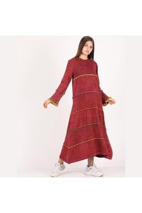 Otantik Triko Uzun Kol Rengarenk Oyalı Desenli Yıkamalı Kırmızı %100 Pamuk Elbise SCHS2021-2360