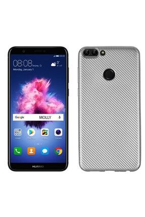 Huawei P Smart 2018 Uyumlu Gümüş Karbon Fiber Silikon Kılıf CRBPS1-MLY2018