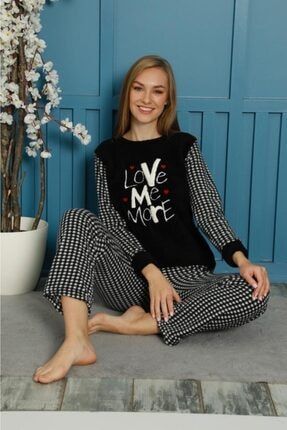 Kadın Koyu Lacivert Love Me More Işlemeli Uzun Kollu Peluş Polar Pijama Takımı MK1850