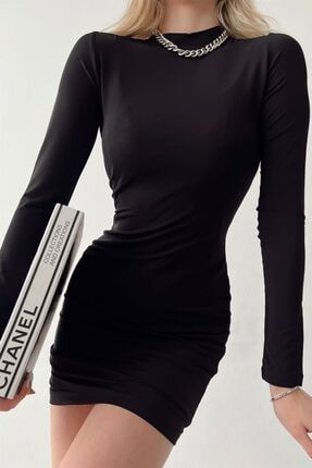 Kadın Siyah Dik Yaka Astarlı Transparan Elbise ELBS-2021149
