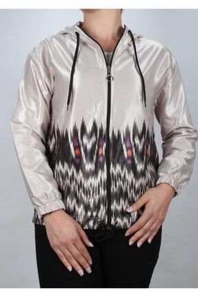 Parlak Desenli Fermuarlı Kapüşonlu Bej Ceket BMFFB-KF-5200